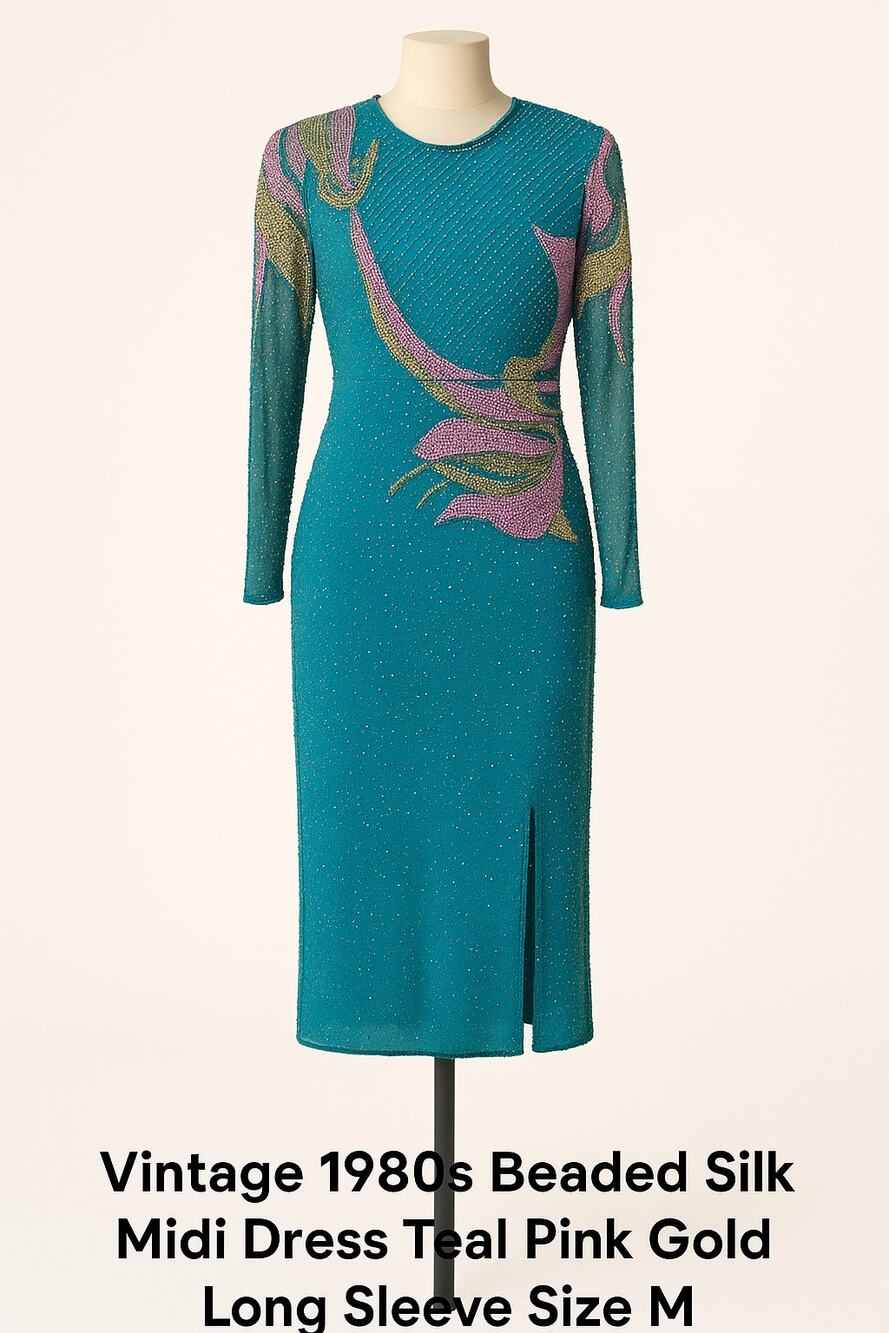 Vintage 1980s fully Beaded Silk Midi Dress Teal Pink Gold Long Sleeve Size M